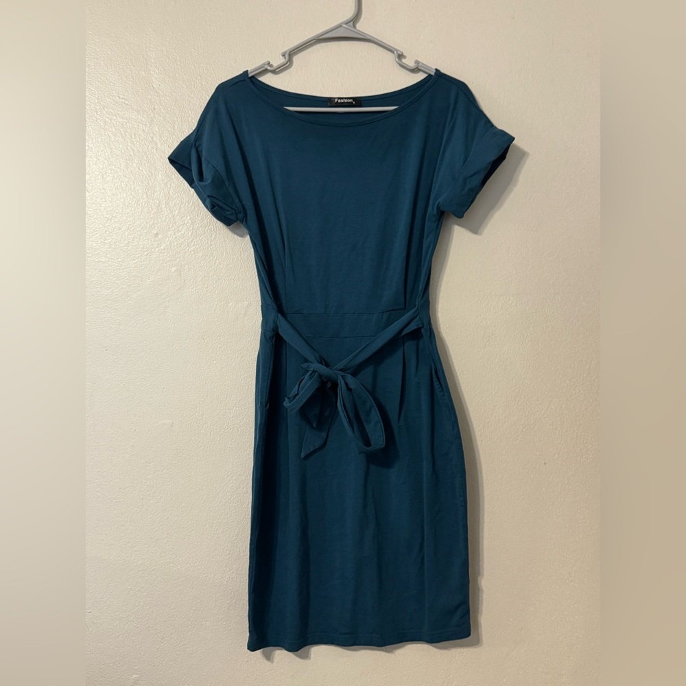 Teal Belted Sheath Dress - Women